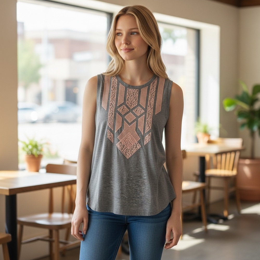 J. Crew Gray Tank Top with Pink Geometric Design